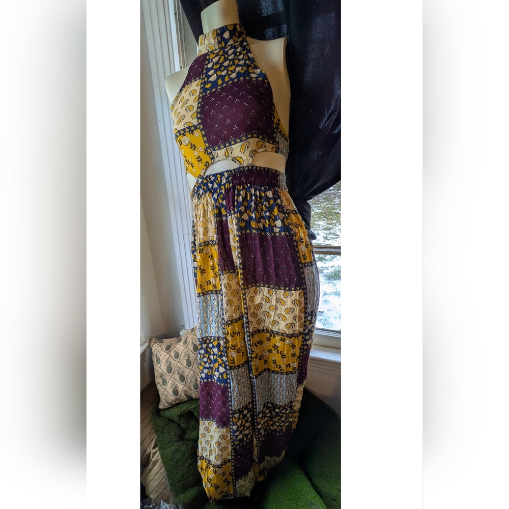 NWT Earthbound Patchwork Halter Jumpsuit Wide Leg